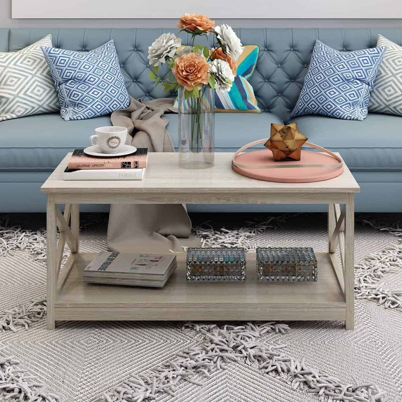 Rustic White Oak Farmhouse Coffee Table with Open X-Frame Design 2 Rustic White Oak Farmhouse Coffee Table with Open X-Frame Design - Image 2