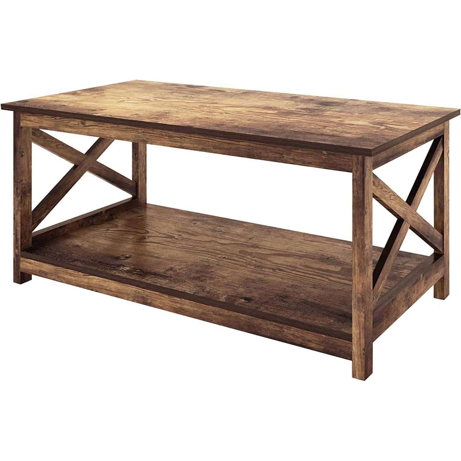 Rustic Wood 2-Tier Farmhouse Coffee Table with Open Shelves 1 Rustic Wood 2-Tier Farmhouse Coffee Table with Open Shelves