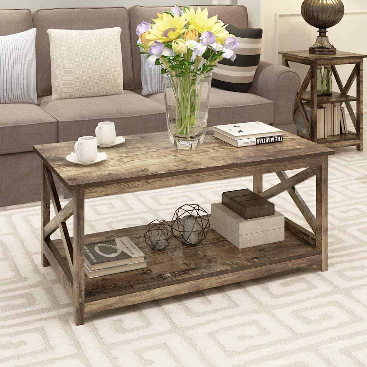 Rustic Wood 2-Tier Farmhouse Coffee Table with Open Shelves 2 Rustic Wood 2-Tier Farmhouse Coffee Table with Open Shelves - Image 2