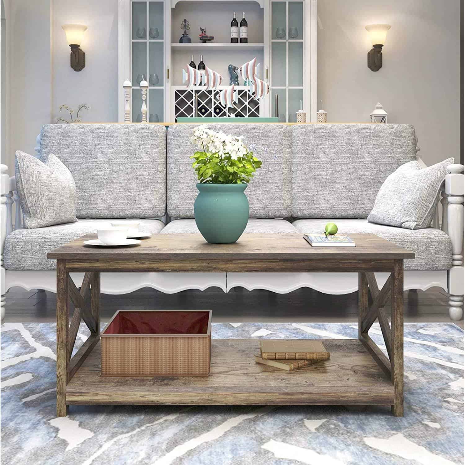 Rustic Wood 2-Tier Farmhouse Coffee Table with Open Shelves 3 Rustic Wood 2-Tier Farmhouse Coffee Table with Open Shelves - Image 3