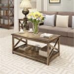 Rustic Wood 2-Tier Farmhouse Coffee Table with Open Shelves 8 Rustic Wood 2-Tier Farmhouse Coffee Table with Open Shelves