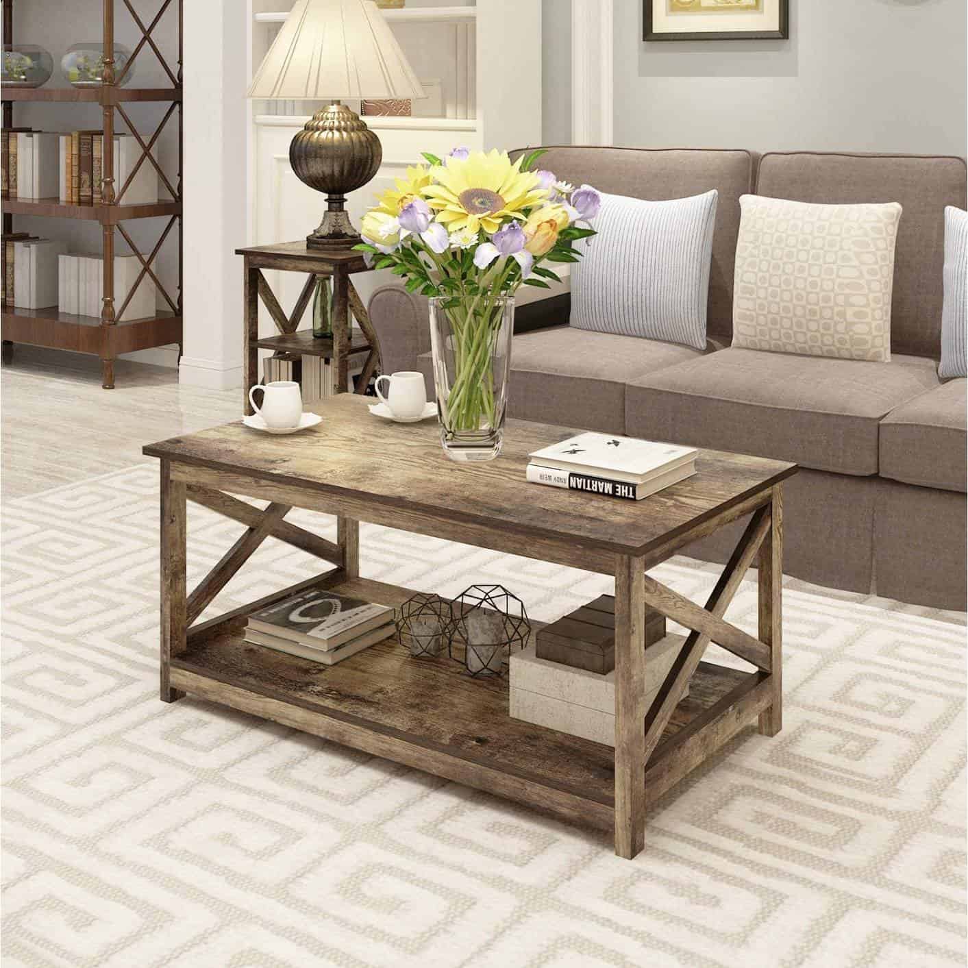 Rustic Wood 2-Tier Farmhouse Coffee Table with Open Shelves 4 Rustic Wood 2-Tier Farmhouse Coffee Table with Open Shelves - Image 4