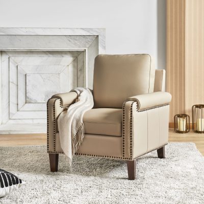 Raimund Beige Genuine Leather Nailhead Trim Armchair