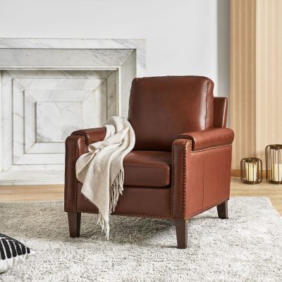 Raimund Brown Genuine Leather Nailhead Trim Accent Armchair