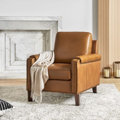 Raimund Camel Genuine Leather Nailhead Trim Accent Armchair
