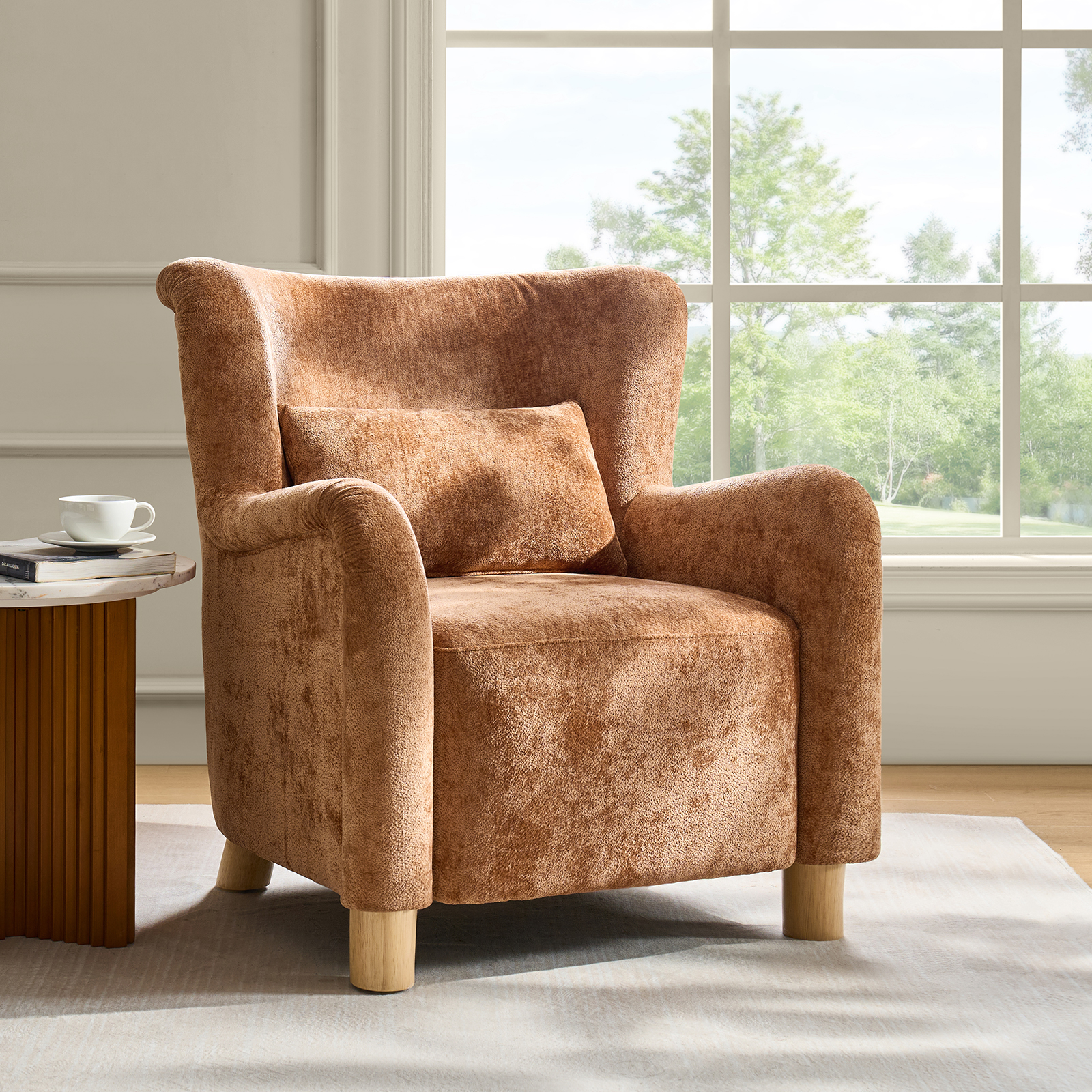 Randolf Brown Boucle Wingback Accent Chair with Lumbar Pillow 2 Randolf Brown Boucle Wingback Accent Chair with Lumbar Pillow - Image 2