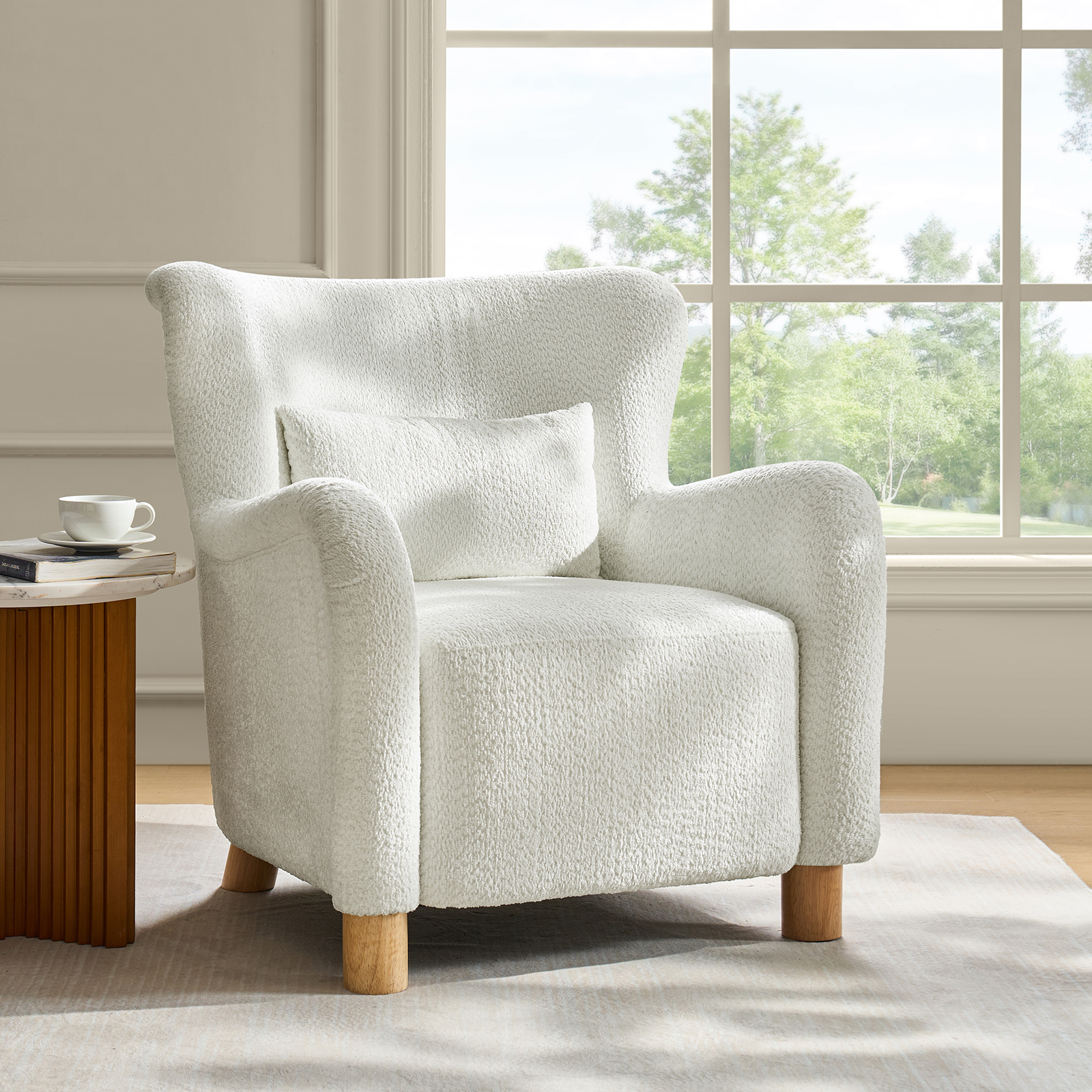 Randolf Ivory Boucle Wingback Accent Chair with Lumbar Pillow 2 Randolf Ivory Boucle Wingback Accent Chair with Lumbar Pillow - Image 2