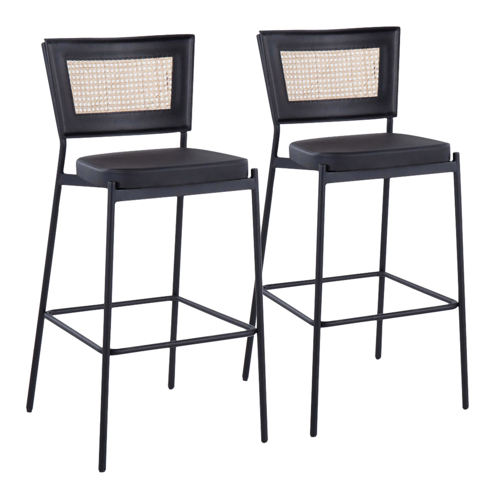 Rattan Tania Black Faux Leather Contemporary Bar Stools (Set of 2) 2 Rattan Tania Black Faux Leather Contemporary Bar Stools (Set of 2) - Image 2