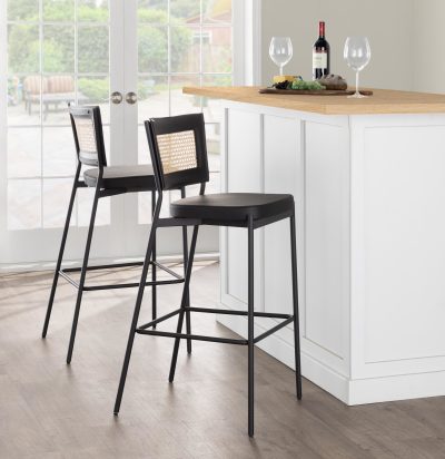 Rattan Tania Black Faux Leather Contemporary Bar Stools (Set of 2)