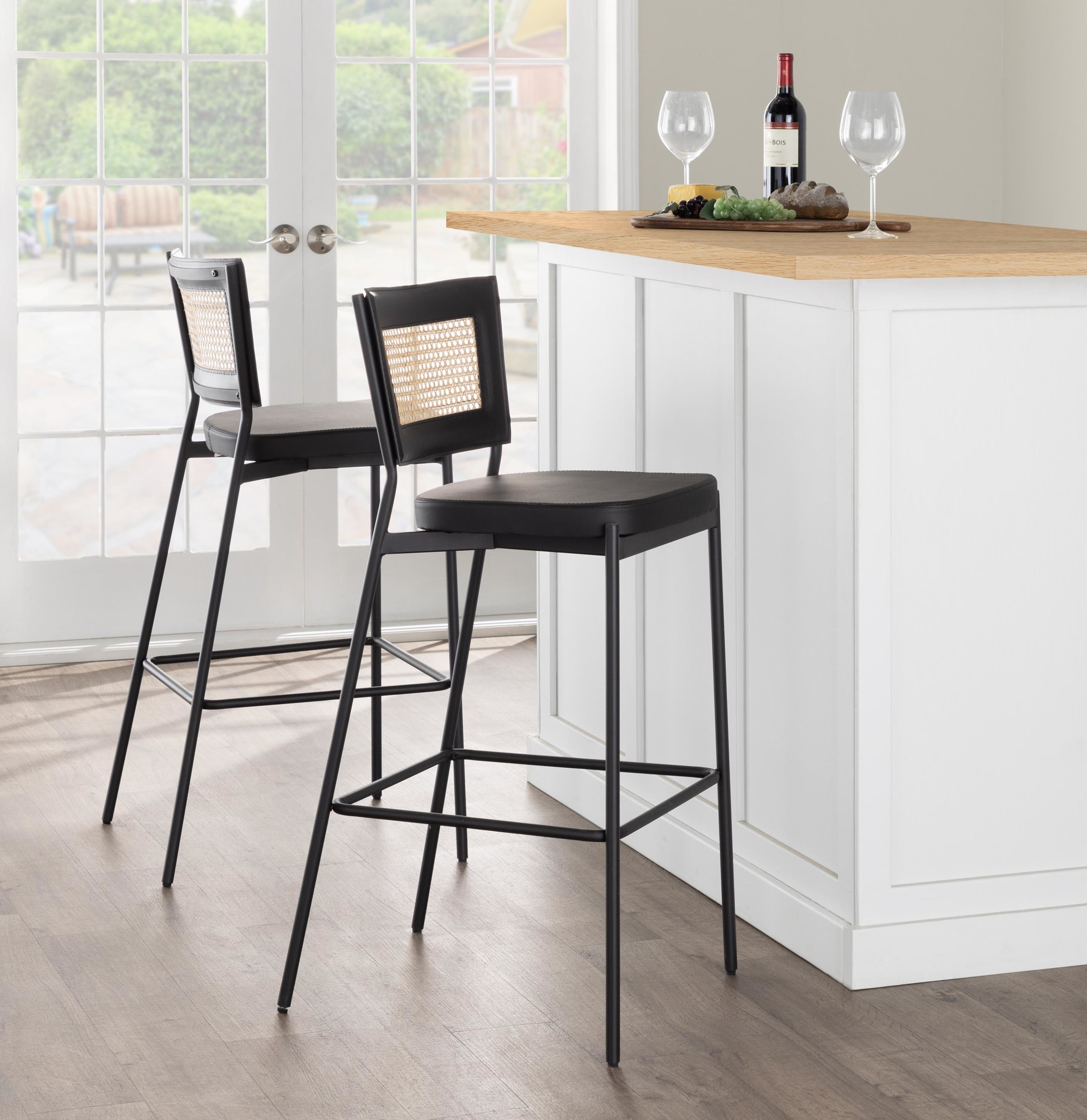 Rattan Tania Black Faux Leather Contemporary Bar Stools (Set of 2) 1 Rattan Tania Black Faux Leather Contemporary Bar Stools (Set of 2)