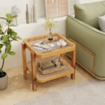 Rattan 2 Tier Side Table with Glass Top and Storage