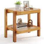 Rattan 2 Tier Side Table with Glass Top and Storage