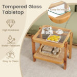 Rattan 2 Tier Side Table with Glass Top and Storage