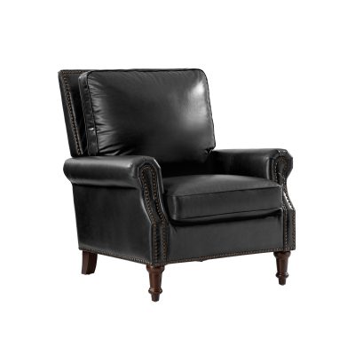 Raymond Black Leather Rolled Arm Nailhead Trim Armchair