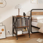 Mid Century Record Player Stand with Storage and Charging Station