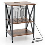 Mid Century Record Player Stand with Storage and Charging Station