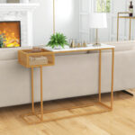 White Faux Marble Console Table with Gold Frame and Storage