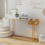 White Faux Marble Console Table with Gold Frame and Storage