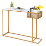 White Faux Marble Console Table with Gold Frame and Storage