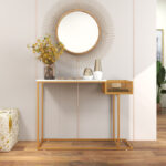 White Faux Marble Console Table with Gold Frame and Storage