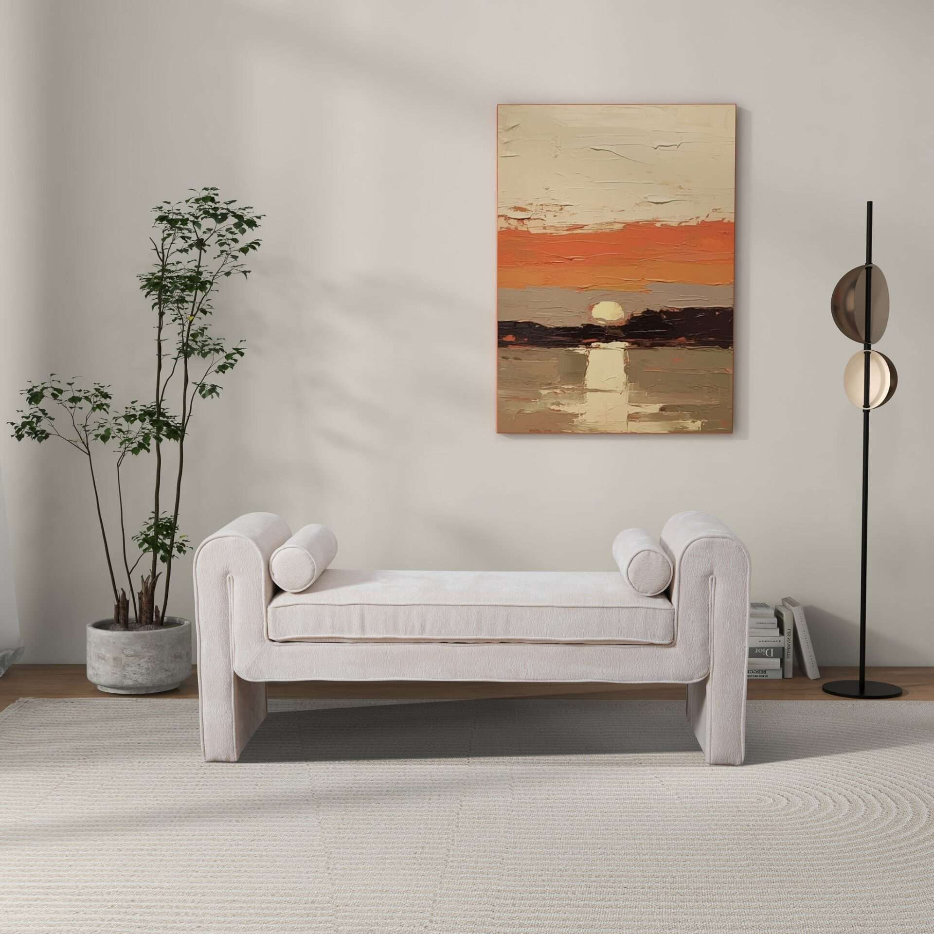 Cream Chenille 63 Inch Japandi Bench With Modern Elegance 2 Cream Chenille 63 Inch Japandi Bench With Modern Elegance - Image 2