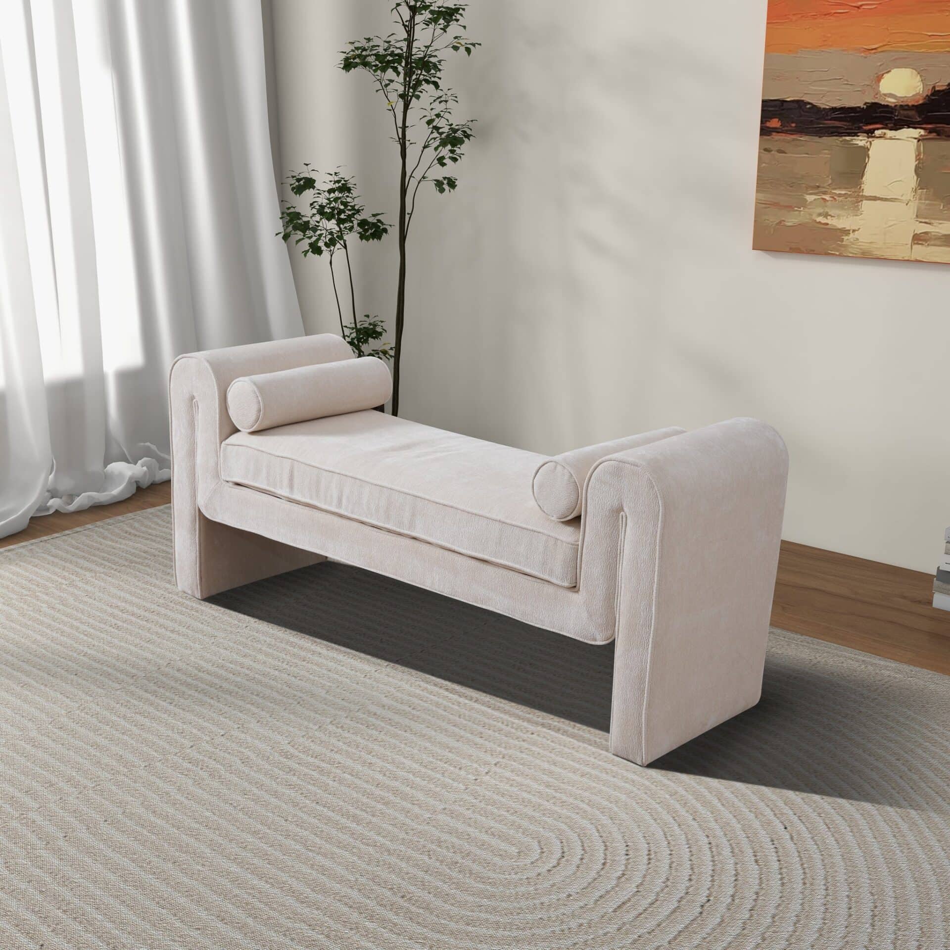 Cream Chenille 63 Inch Japandi Bench With Modern Elegance 3 Cream Chenille 63 Inch Japandi Bench With Modern Elegance - Image 3
