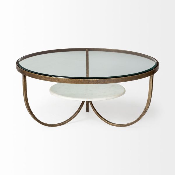 Reinhardt 36 Round Glass Top Marble Shelf Gold Metal Base Coffee Table 3