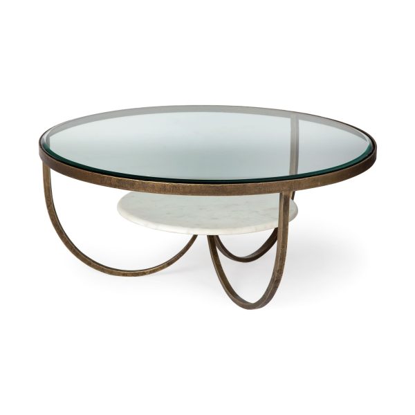 Reinhardt 36 Round Glass Top Marble Shelf Gold Metal Base Coffee Table