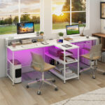 Reversible Double Desk with LED Lights and Ergonomic Monitor Stand