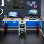 Reversible Double Desk with LED Lights and Ergonomic Monitor Stand