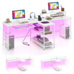 Reversible Double Desk with LED Lights and Ergonomic Monitor Stand