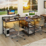 Reversible Double Desk with LED Lights and Ergonomic Monitor Stand