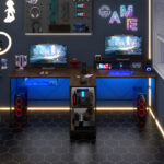 Reversible Double Desk with LED Lights and Ergonomic Monitor Stand