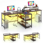 Reversible Double Desk with LED Lights and Ergonomic Monitor Stand