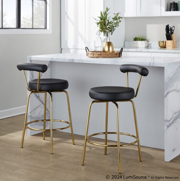 Rhonda 26 Inch Gold Art Deco Black Faux Leather Stools Set of 2 1