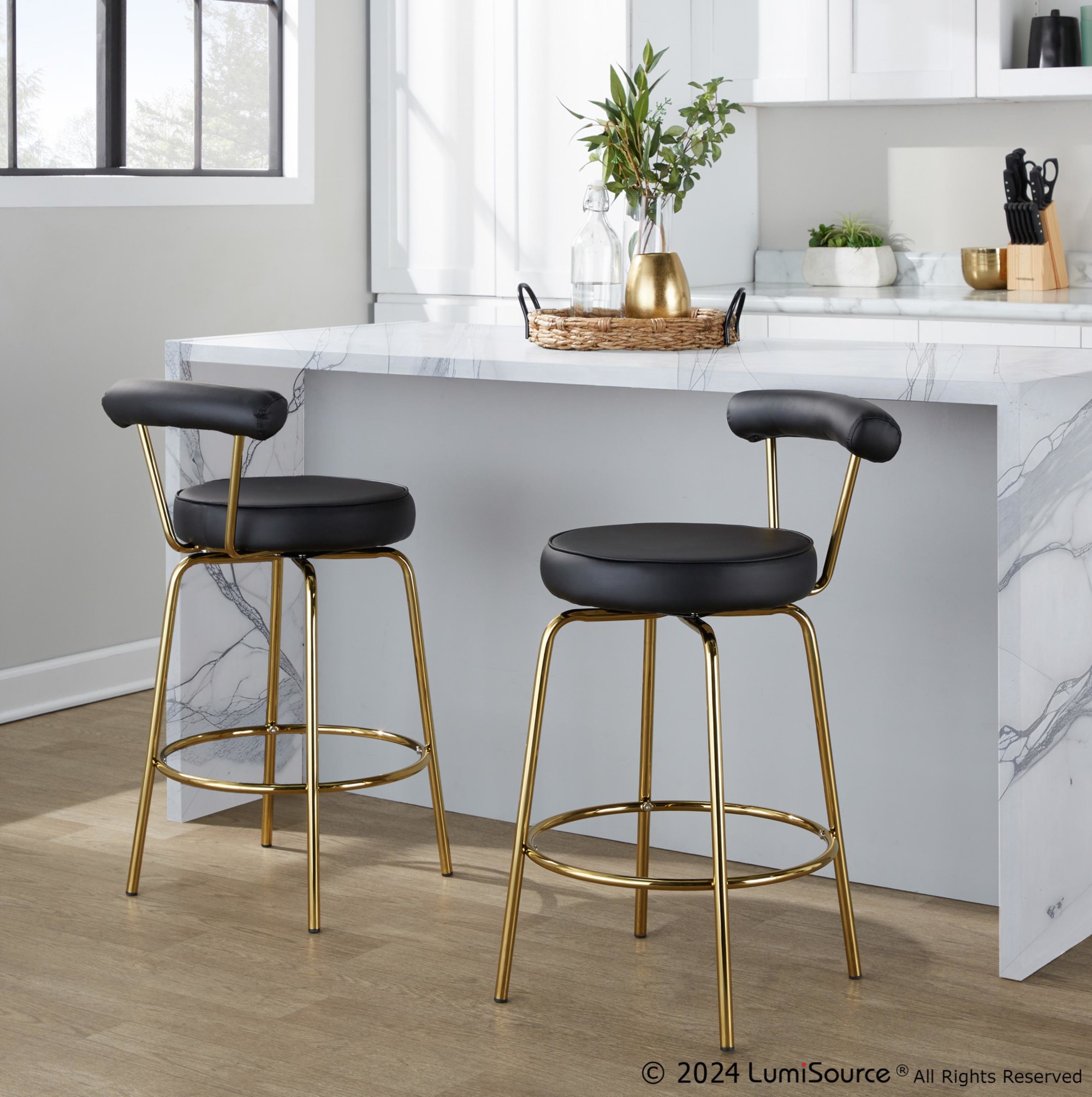 Rhonda 26-Inch Gold Art Deco Black Faux Leather Stools (Set of 2) 2 Rhonda 26-Inch Gold Art Deco Black Faux Leather Stools (Set of 2) - Image 2