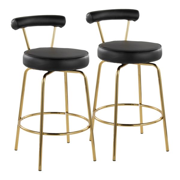 Rhonda 26 Inch Gold Art Deco Black Faux Leather Stools Set of 2 2