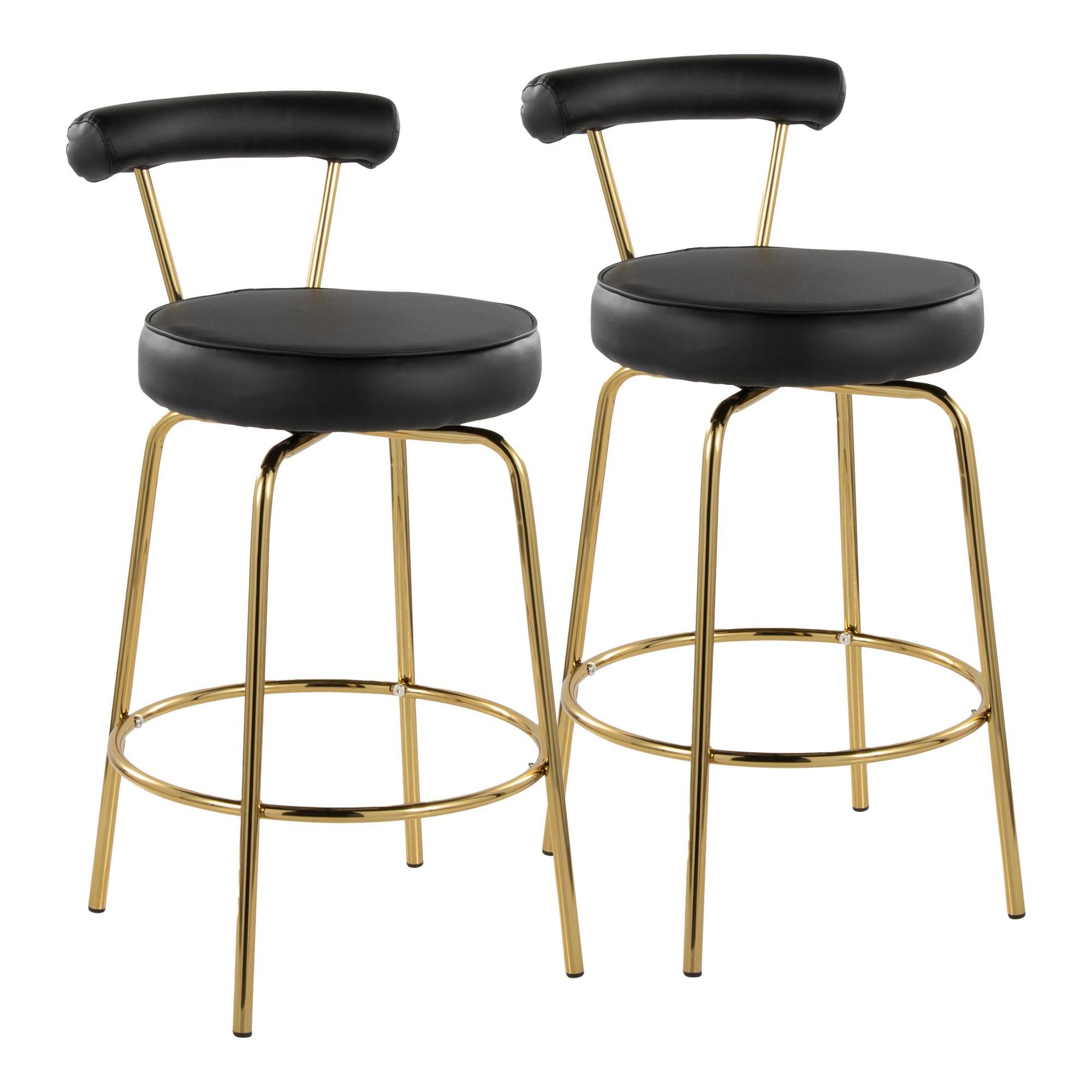 Rhonda 26-Inch Gold Art Deco Black Faux Leather Stools (Set of 2) 3 Rhonda 26-Inch Gold Art Deco Black Faux Leather Stools (Set of 2) - Image 3