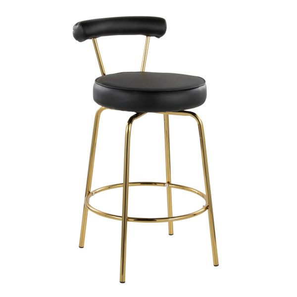 Rhonda 26 Inch Gold Art Deco Black Faux Leather Stools Set of 2 3