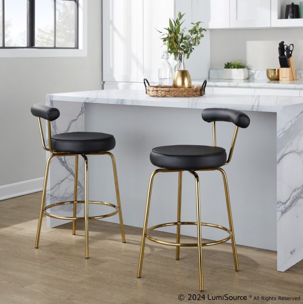 Rhonda 26 Inch Gold Art Deco Black Faux Leather Stools Set of 2