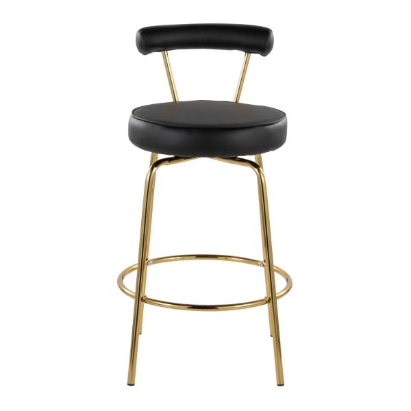 Rhonda 26 Inch Gold Art Deco Black Faux Leather Stools Set of 2 7