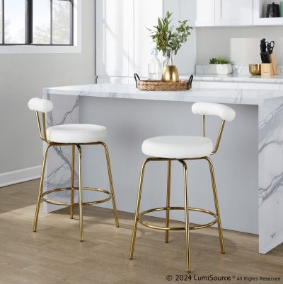 Rhonda 26-Inch Gold Art Deco White Stools (Set of 2)