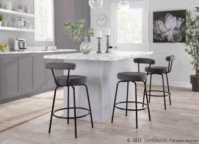 Rhonda Art Deco Black Steel Charcoal Fabric Counter Stools (Set of 2)
