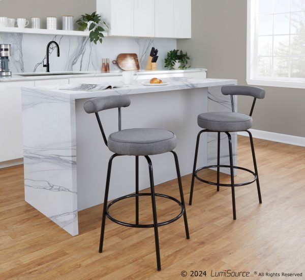 Rhonda Art Deco Black Steel Charcoal Fabric Counter Stools Set of 2 5