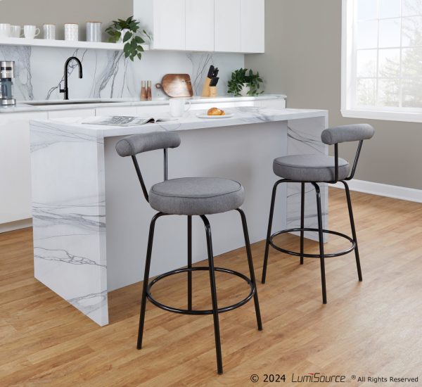 Rhonda Art Deco Black Steel Charcoal Fabric Counter Stools Set of 2 6