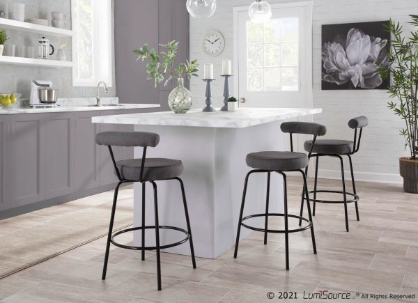 Rhonda Art Deco Black Steel Charcoal Fabric Counter Stools Set of 2