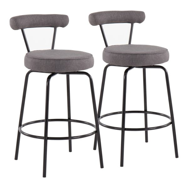 Rhonda Art Deco Black Steel Charcoal Fabric Counter Stools Set of 2 7