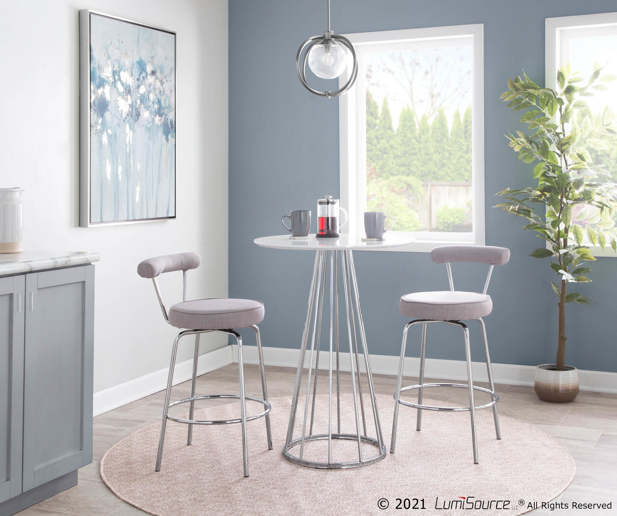 Rhonda Chrome and Light Grey Art Deco Counter Stools (Set of 2) 2 Rhonda Chrome and Light Grey Art Deco Counter Stools (Set of 2) - Image 2