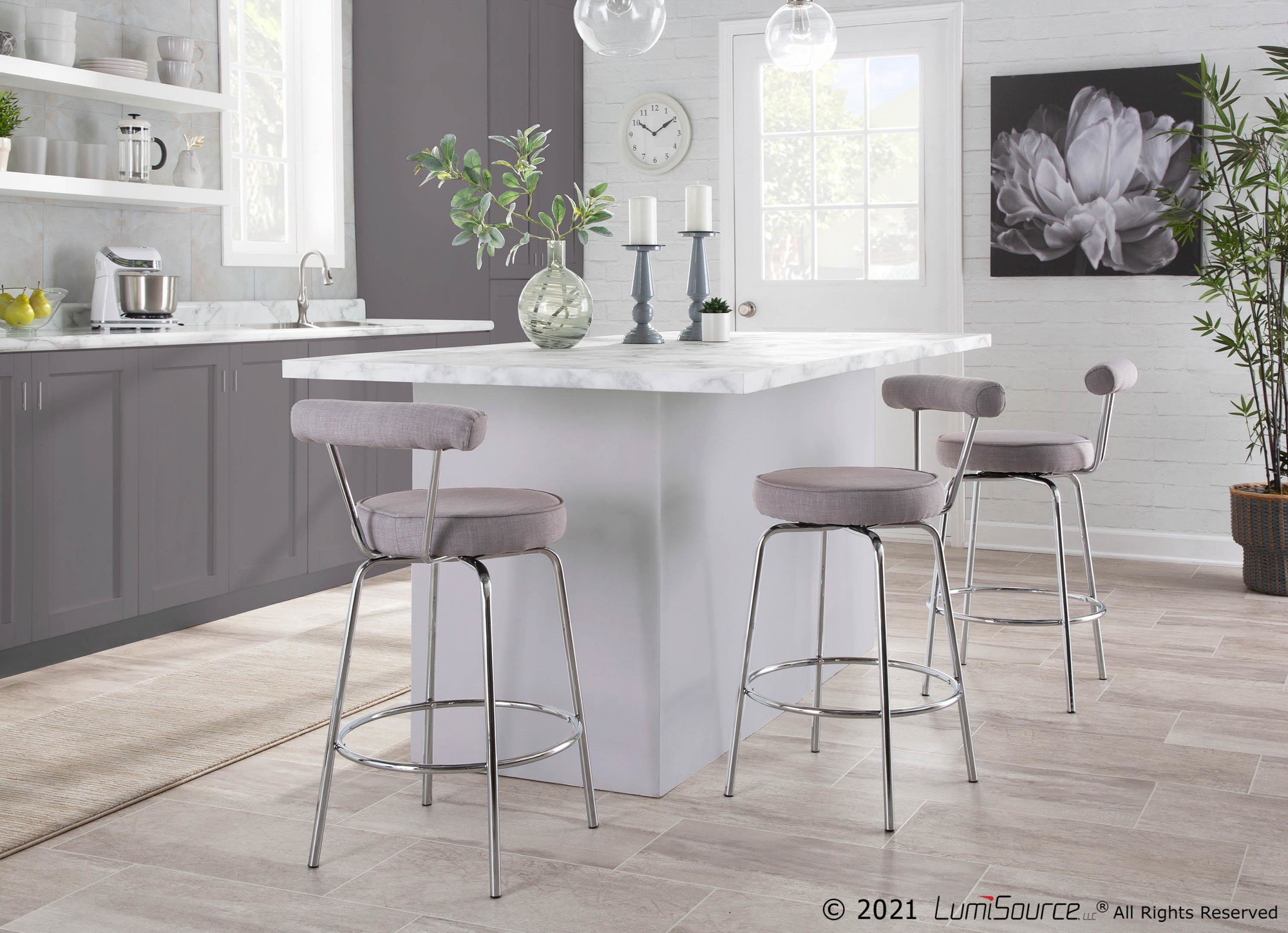 Rhonda Chrome and Light Grey Art Deco Counter Stools (Set of 2) 3 Rhonda Chrome and Light Grey Art Deco Counter Stools (Set of 2) - Image 3