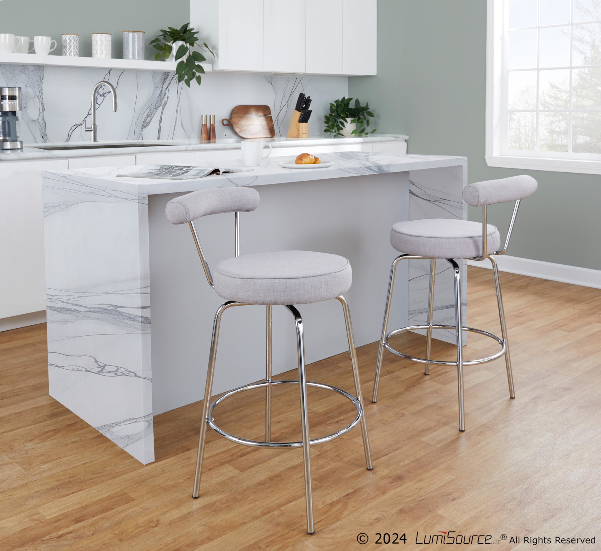 Rhonda Chrome and Light Grey Art Deco Counter Stools (Set of 2) 4 Rhonda Chrome and Light Grey Art Deco Counter Stools (Set of 2) - Image 4